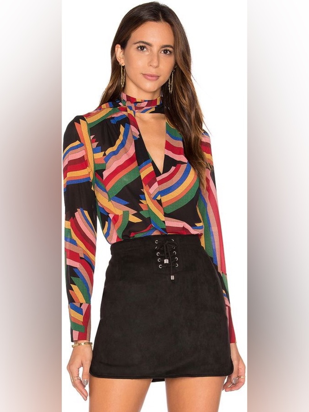 ALICE + OLIVIA Aisha Tie Neck Silk Blouse in Mod Stripe Multi Size Medium